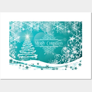 Pretty Xmas Tree and Snowflakes and Merry Christmas Greeting - on Aqua Posters and Art